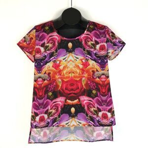 Trouve Mirrored Floral Print Hi-Lo Top Women's Medium Mesh Casual Summer Vibrant